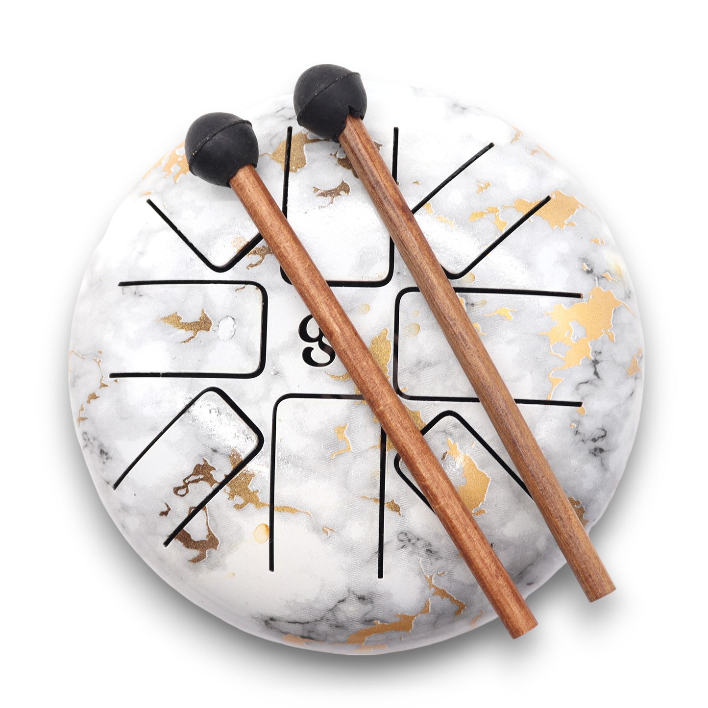 A marble-patterned tongue drum with golden accents lies flat. Two wooden mallets rest on top. The black slot patterns enhance the design, with a stylized "g" logo visible at the center.