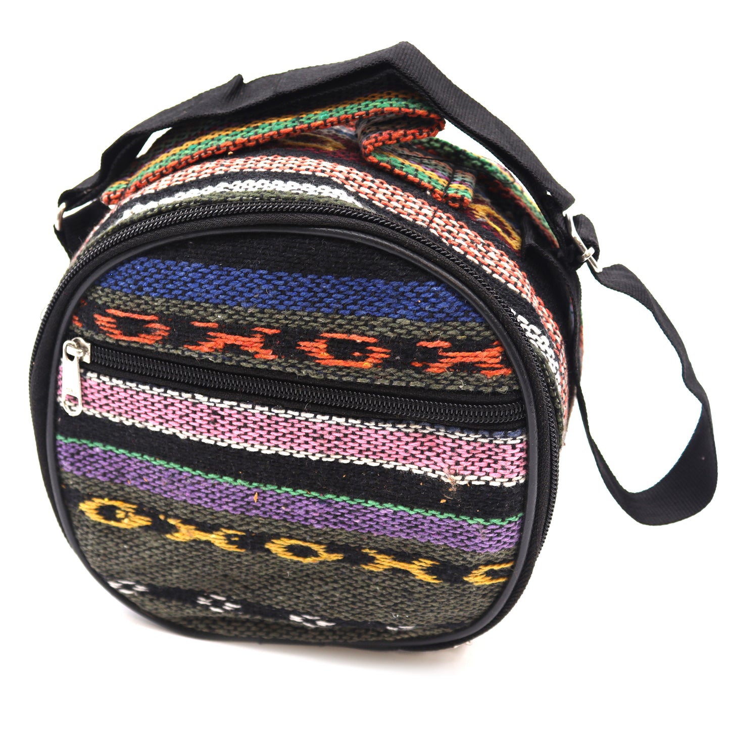 A round, multicolored woven fabric bag features horizontal stripes and textured patterns, with a zipper pocket on the front. It has a shoulder strap and contrasting fabric details.