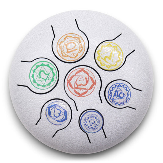 A textured white disc features six colorful symbols linked by black lines, arranged in a circular pattern. Each symbol is enclosed in an outlined circle with a unique design.
