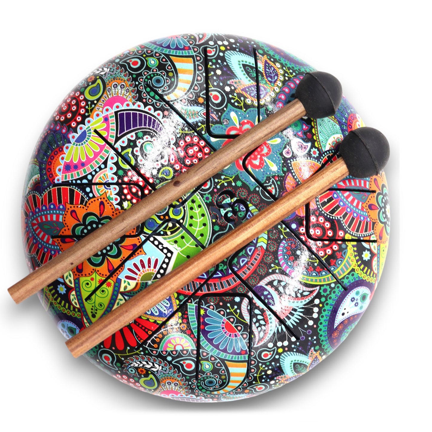 A decorated steel tongue drum features vibrant, intricate patterns with floral and geometric designs. Two wooden mallets rest on top. The context is a plain white background.
