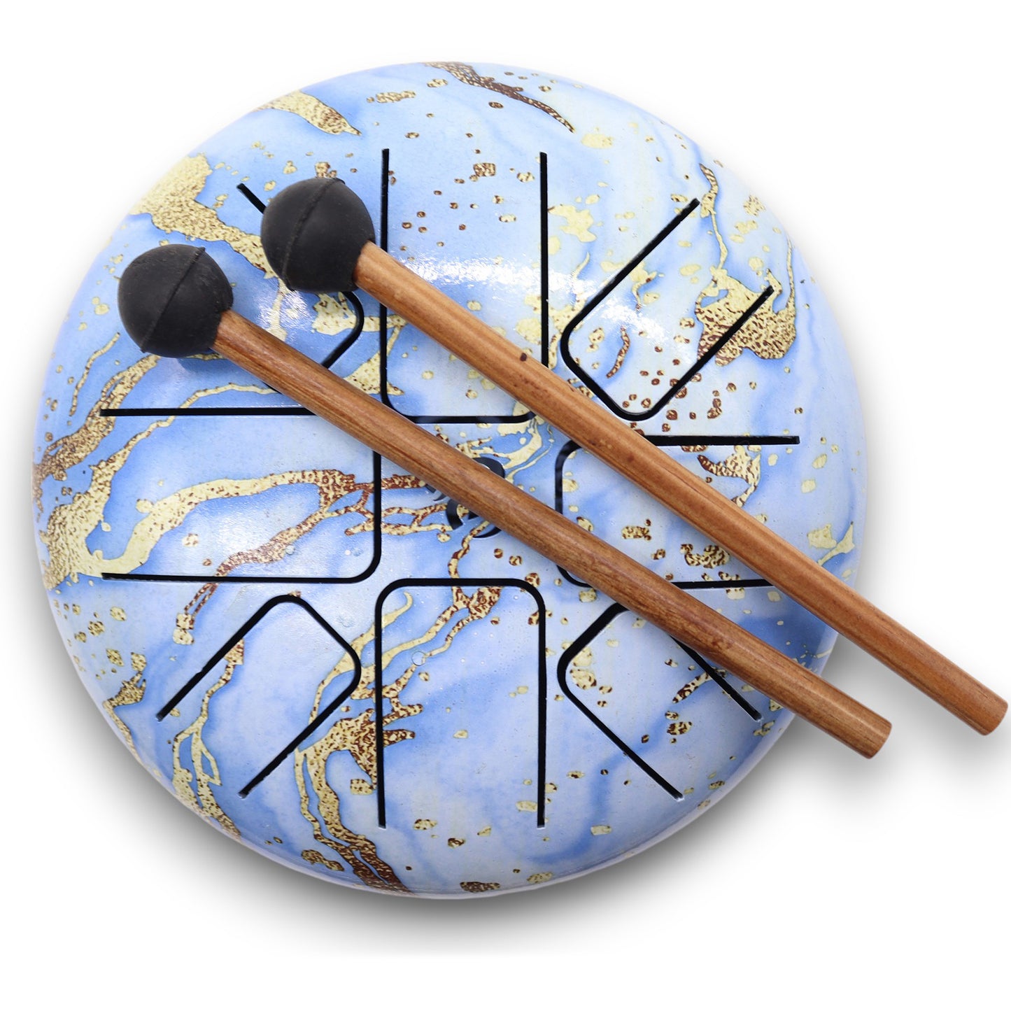 A blue tongue drum with gold accents is struck by two wooden mallets. The drum features black radial cutouts. The background is a plain white surface.