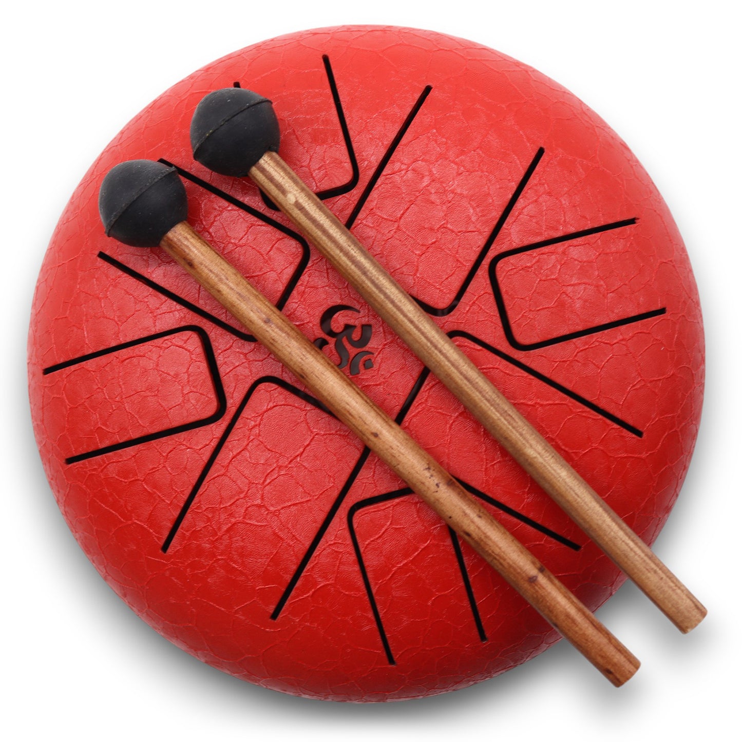 A red tongue drum with black carved slits, overlaid by two wooden mallets with black rubber tips. The drum has a subtle texture and an Om symbol in the center.