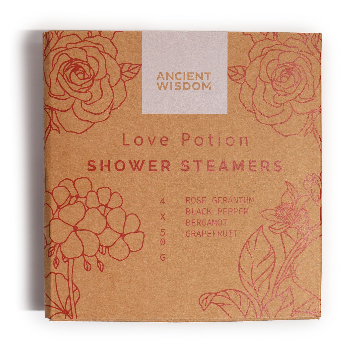 A brown package labeled "Ancient Wisdom Love Potion Shower Steamers" with floral designs, listing scents: Rose Geranium, Black Pepper, Bergamot, Grapefruit. Each weighs 50g.