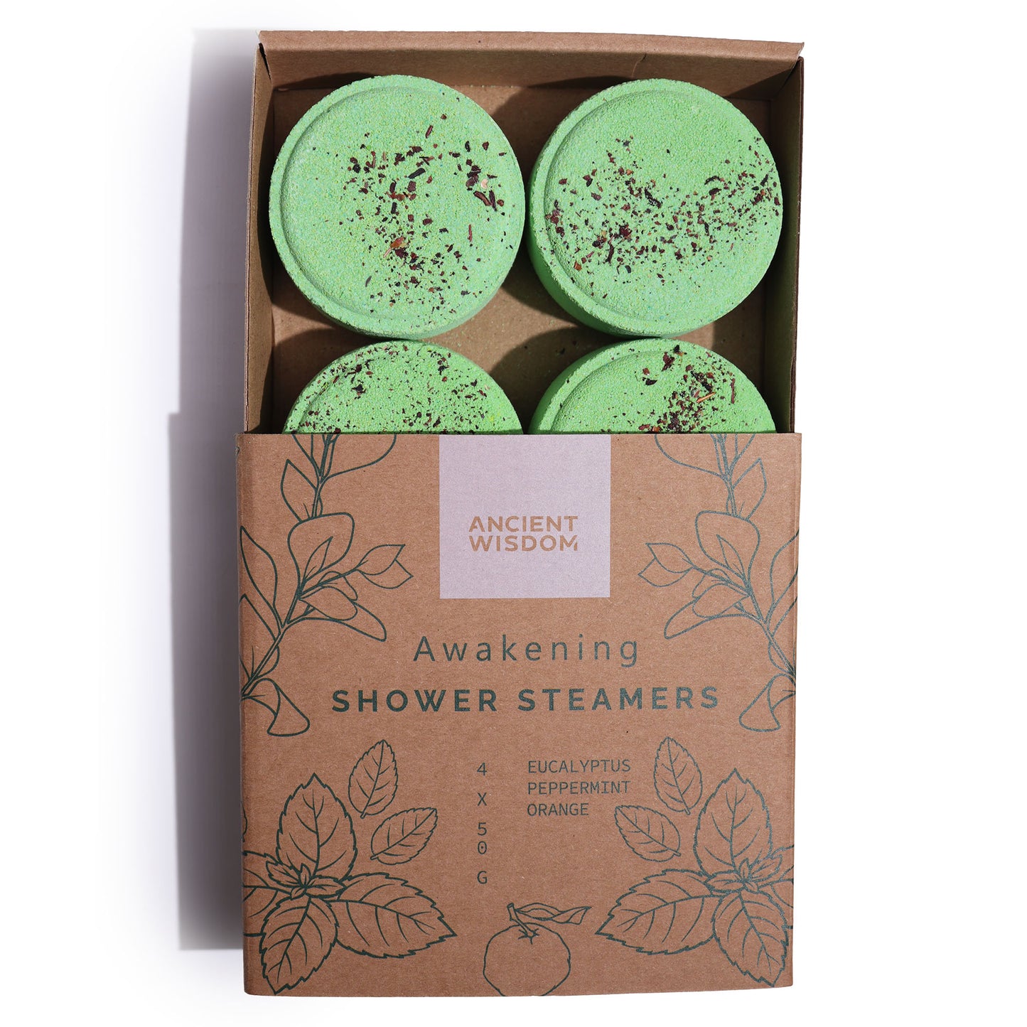 A box containing four green circular shower steamers with speckled tops. The packaging displays the text: "ANCIENT WISDOM Awakening SHOWER STEAMERS 4 x 50G EUCALYPTUS PEPPERMINT ORANGE" and leaf illustrations.