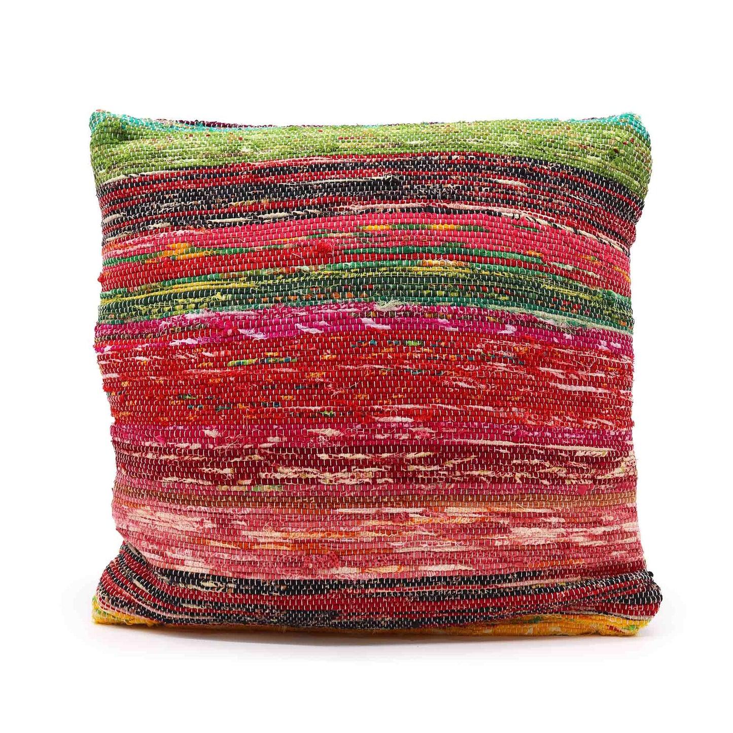 A square cushion displays vibrant horizontal stripes in red, green, pink, and black, lying against a plain white background.