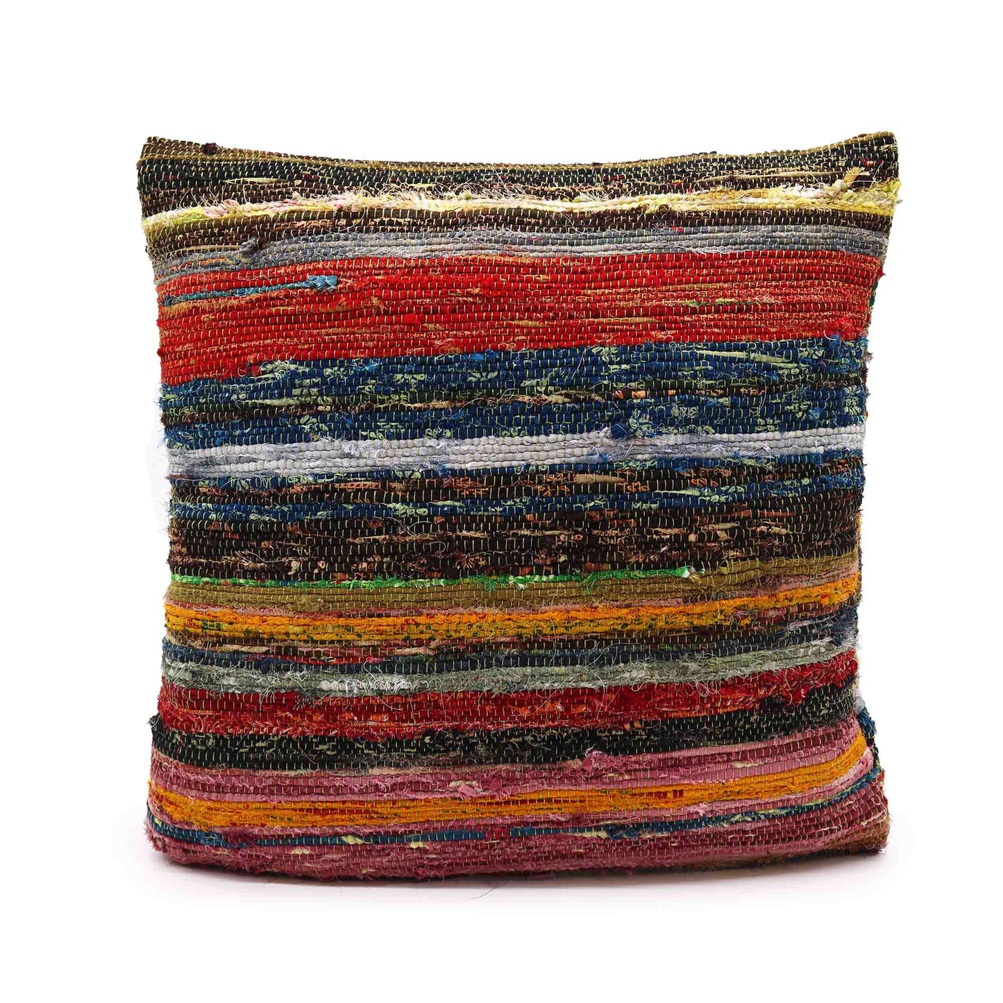 A colorful, rectangular woven pillow displays horizontal stripes in red, blue, green, and orange, resting against a plain white backdrop.