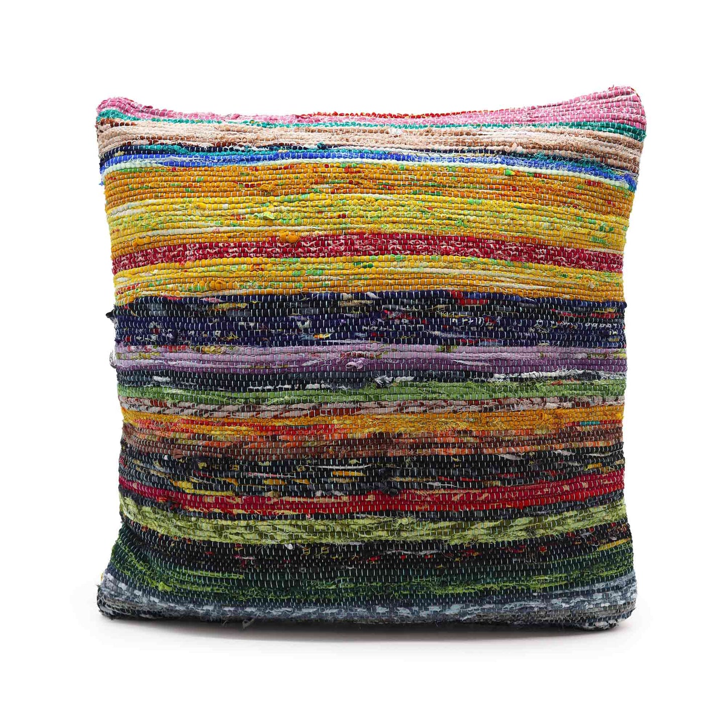 A square pillow features colorful, horizontal woven stripes and lies against a plain white background. The stripes include shades of yellow, red, blue, green, and purple, creating a vibrant pattern.