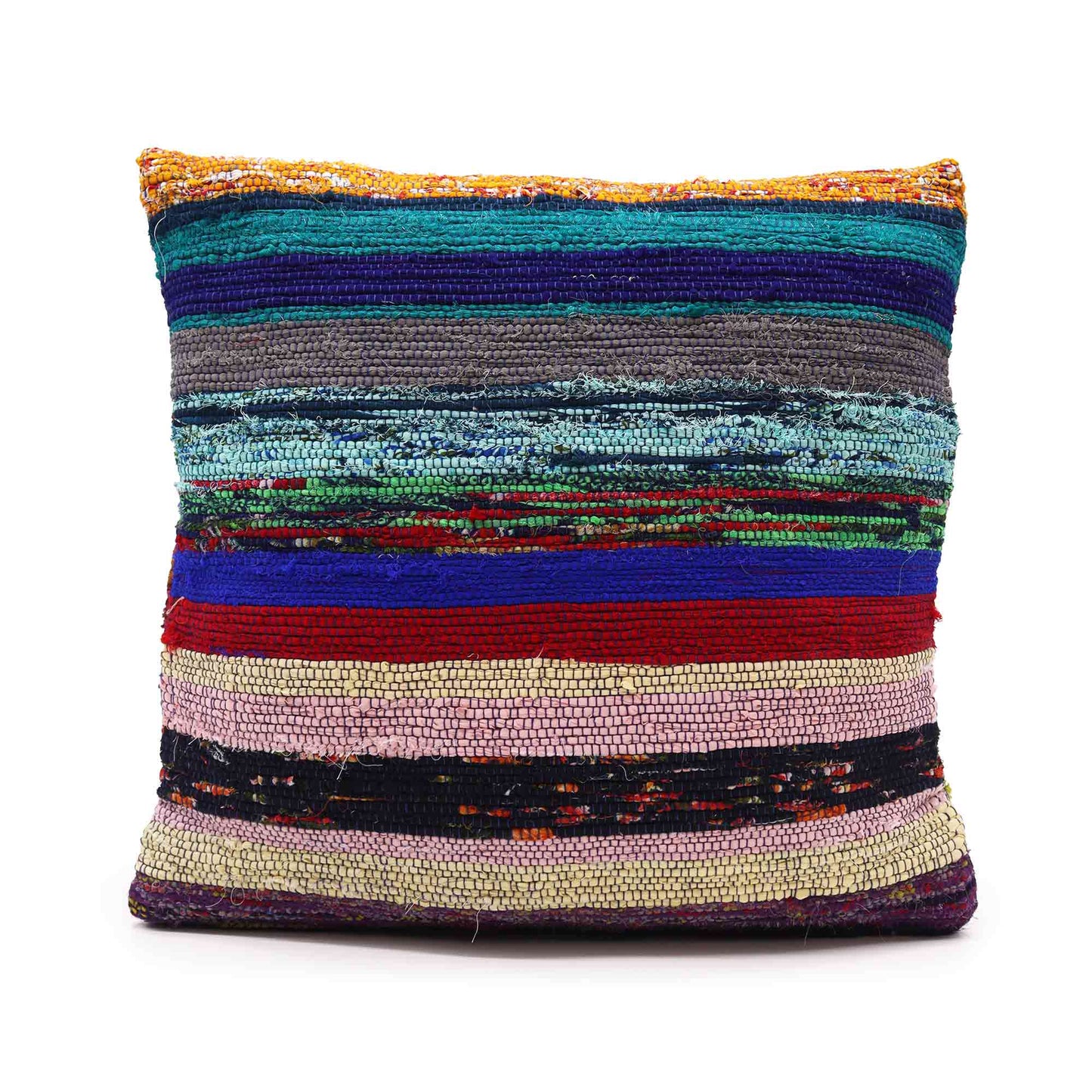 A colorful, woven square pillow displays horizontal stripes in various vibrant hues, resting against a plain white background.