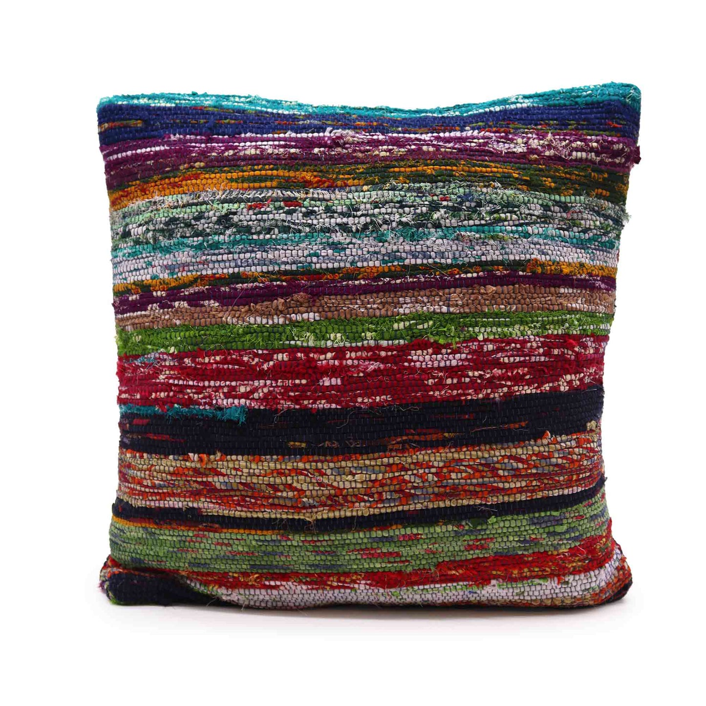 A square cushion adorned with horizontal, multicolored woven stripes, featuring a mix of vibrant blues, reds, greens, and purples, sits isolated against a plain white background.