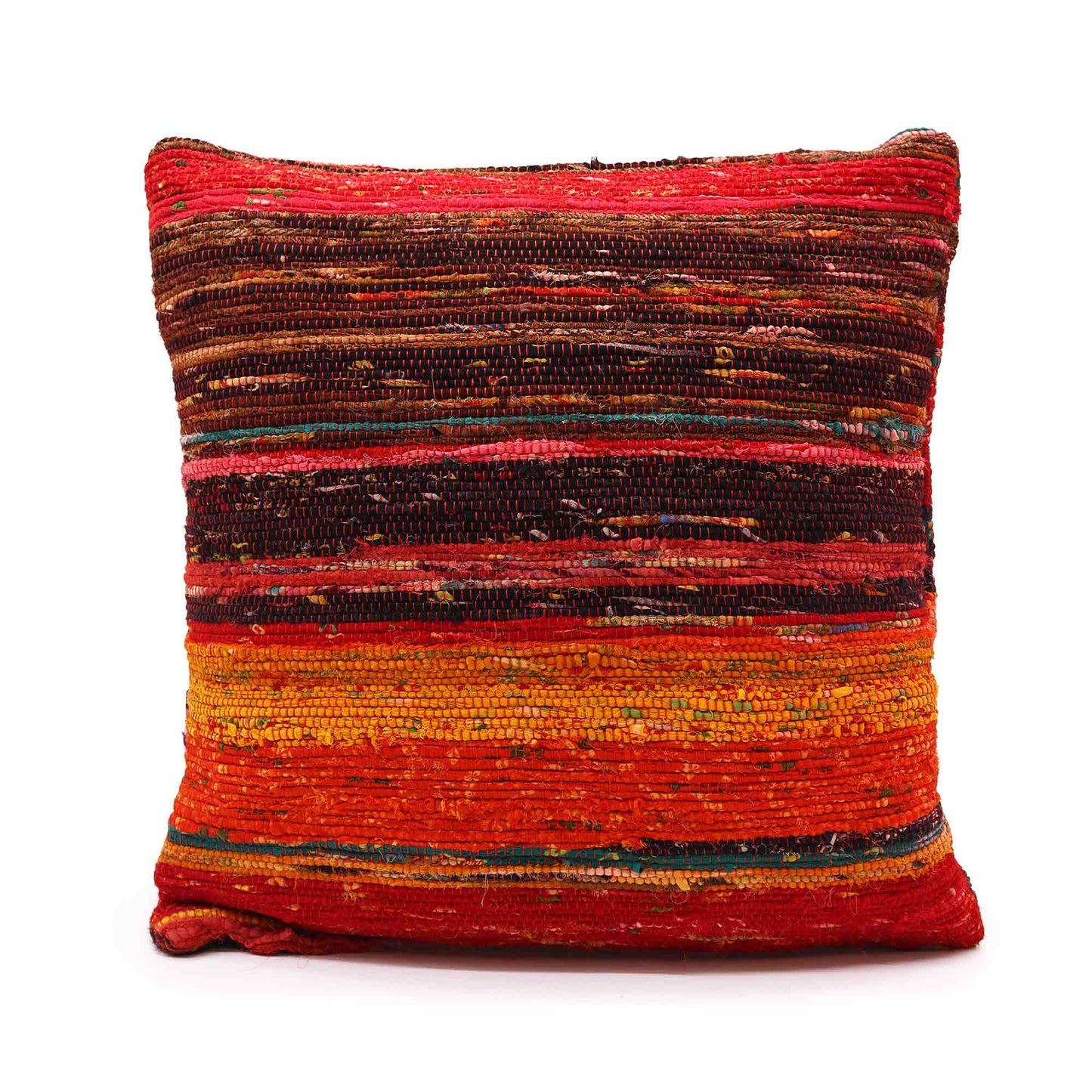 A square cushion features woven horizontal stripes in red, orange, and brown tones. It appears textured, suggesting a handmade design, set against a plain, white background.