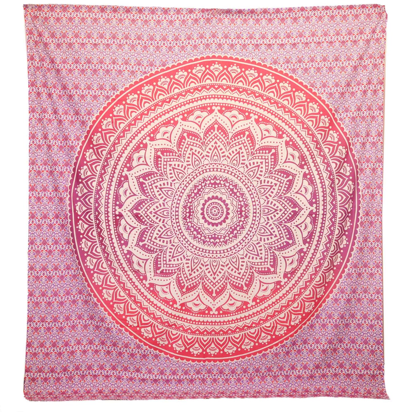 A tapestry features a large, intricate mandala design, with concentric patterns in shades of pink and white, set against a background of smaller, repeating geometric motifs.