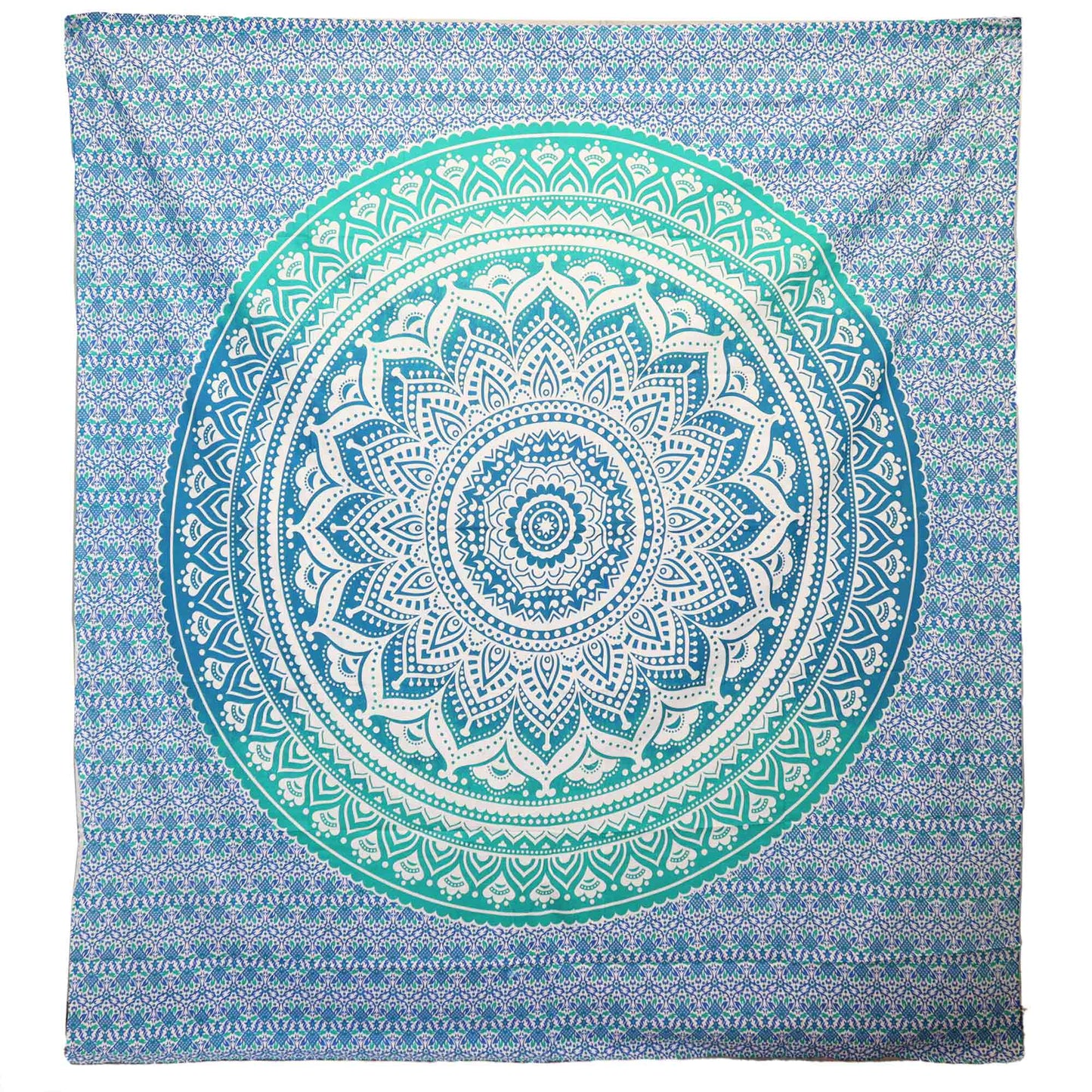 A tapestry displays a large, intricate mandala design in white and teal, with detailed patterns extending outward. The background features repetitive geometric motifs in blue and purple.