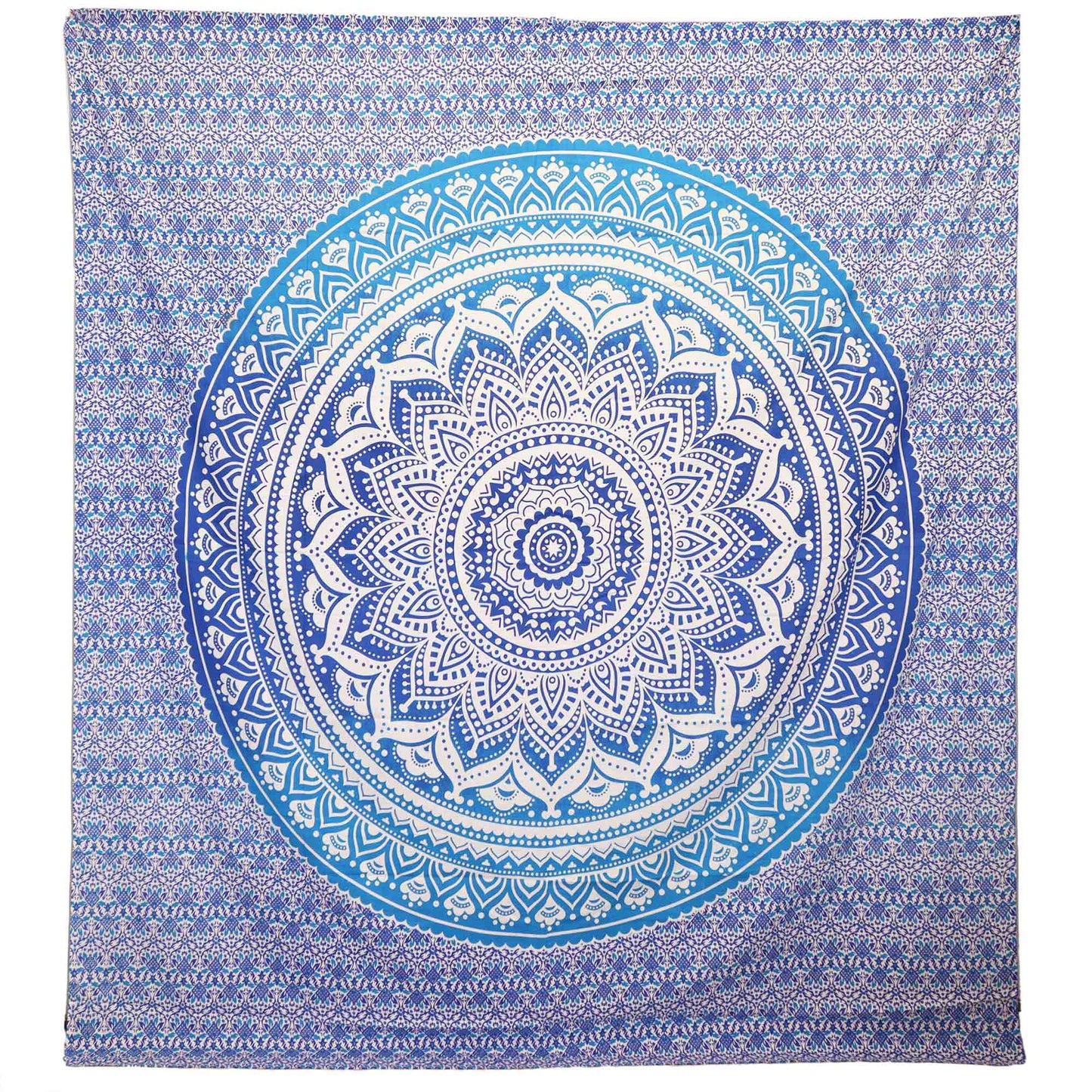 A tapestry featuring an intricate blue and white mandala design with floral and geometric patterns, set against a backdrop of repetitive motifs, conveying a sense of harmony and symmetry.