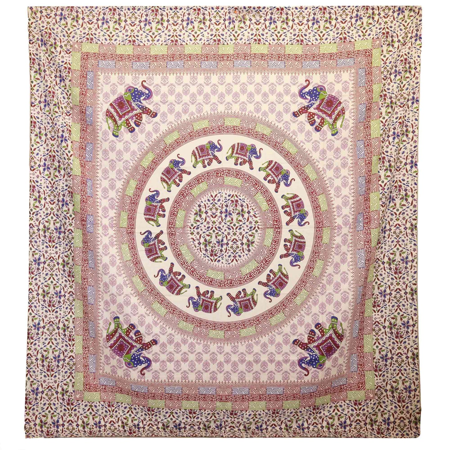 A tapestry features intricate, colorful elephants arranged in circular patterns, surrounded by ornate geometric and floral designs. The background displays a delicate purple and beige motif.