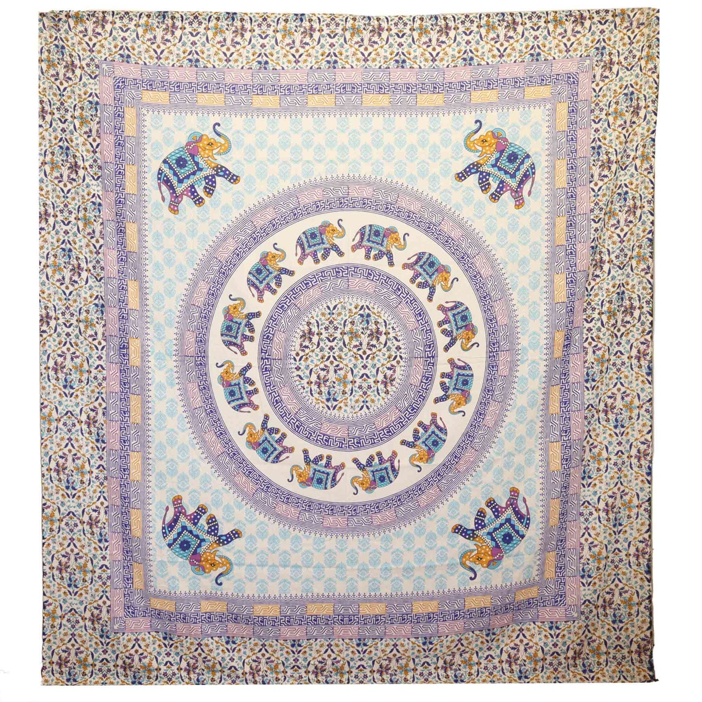 A tapestry features colorful, patterned elephants arranged in concentric circles with intricate geometric designs. It is framed by a floral border, creating a vibrant, symmetrical design.