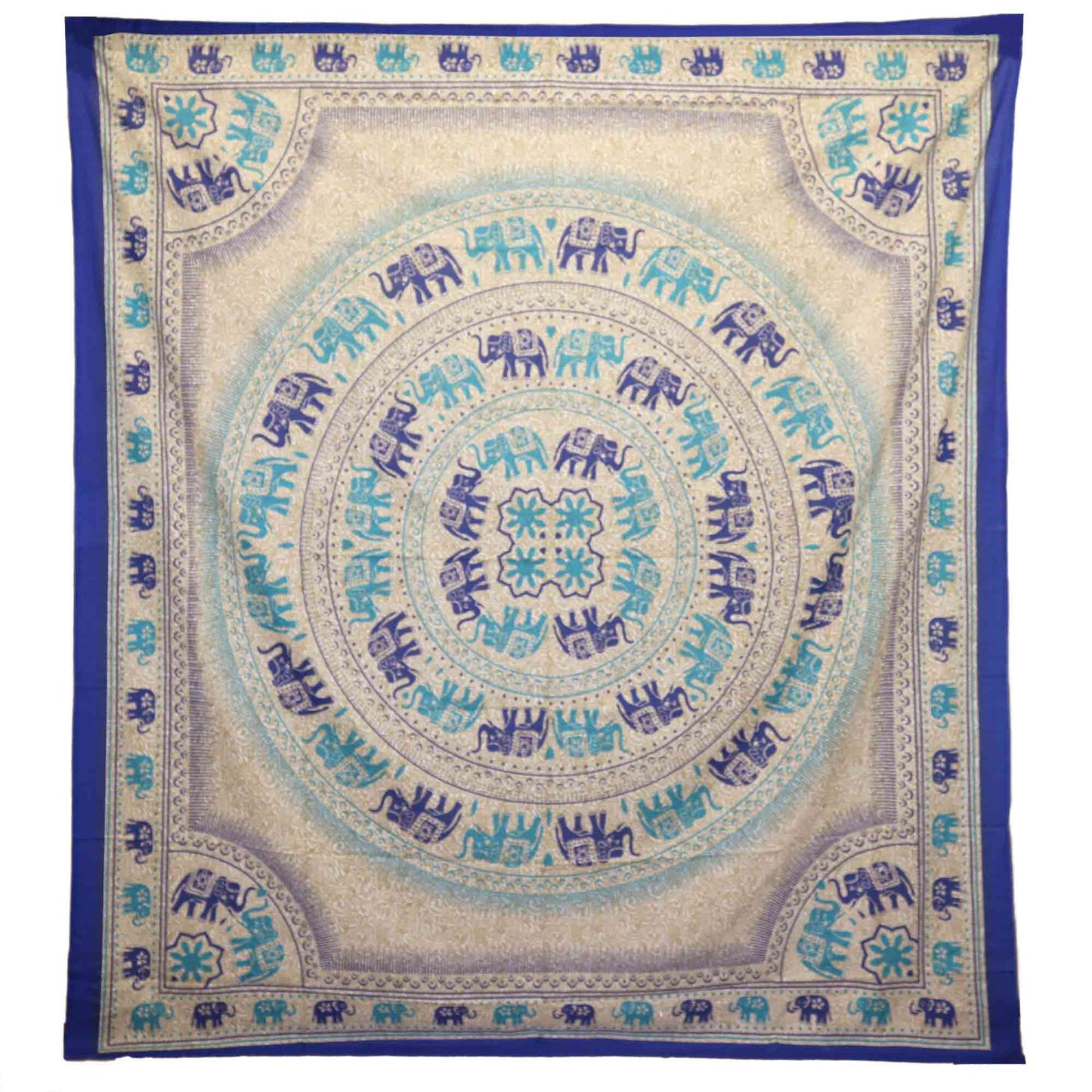 A decorative tapestry featuring concentric circles of stylized blue and turquoise elephants, arranged symmetrically, set against a beige backdrop with ornate patterns, bordered by a dark blue edge.