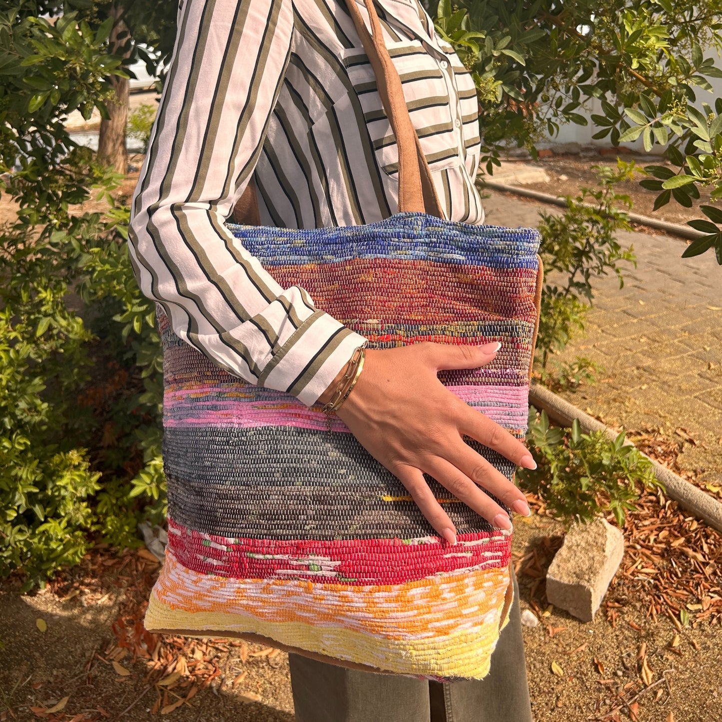 Recycled Big Rug Bag – Shades of Lavender, recycled rug textile large tote approx 40×40×20 cm, boho statement bag UK.