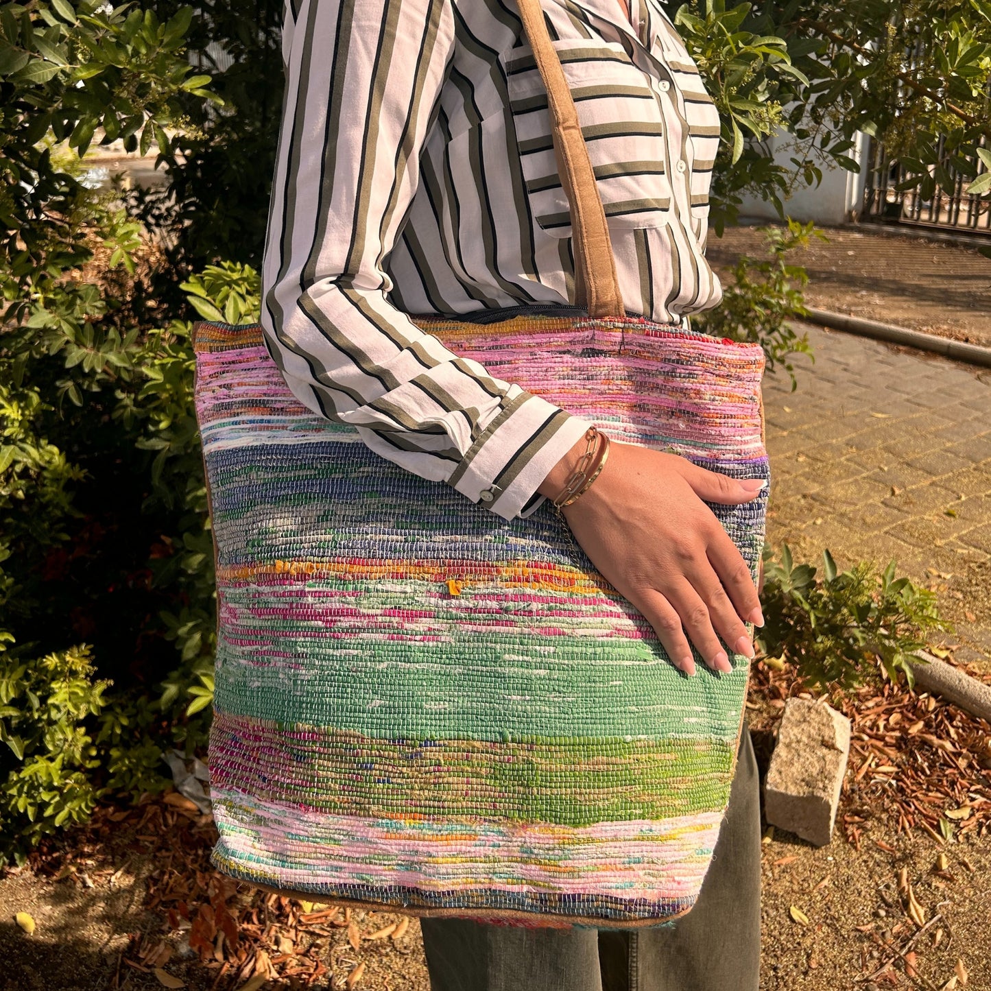 Recycled Big Rug Bag – Shades of Dusk, large recycled rug textile carry bag, boho statement tote UK.