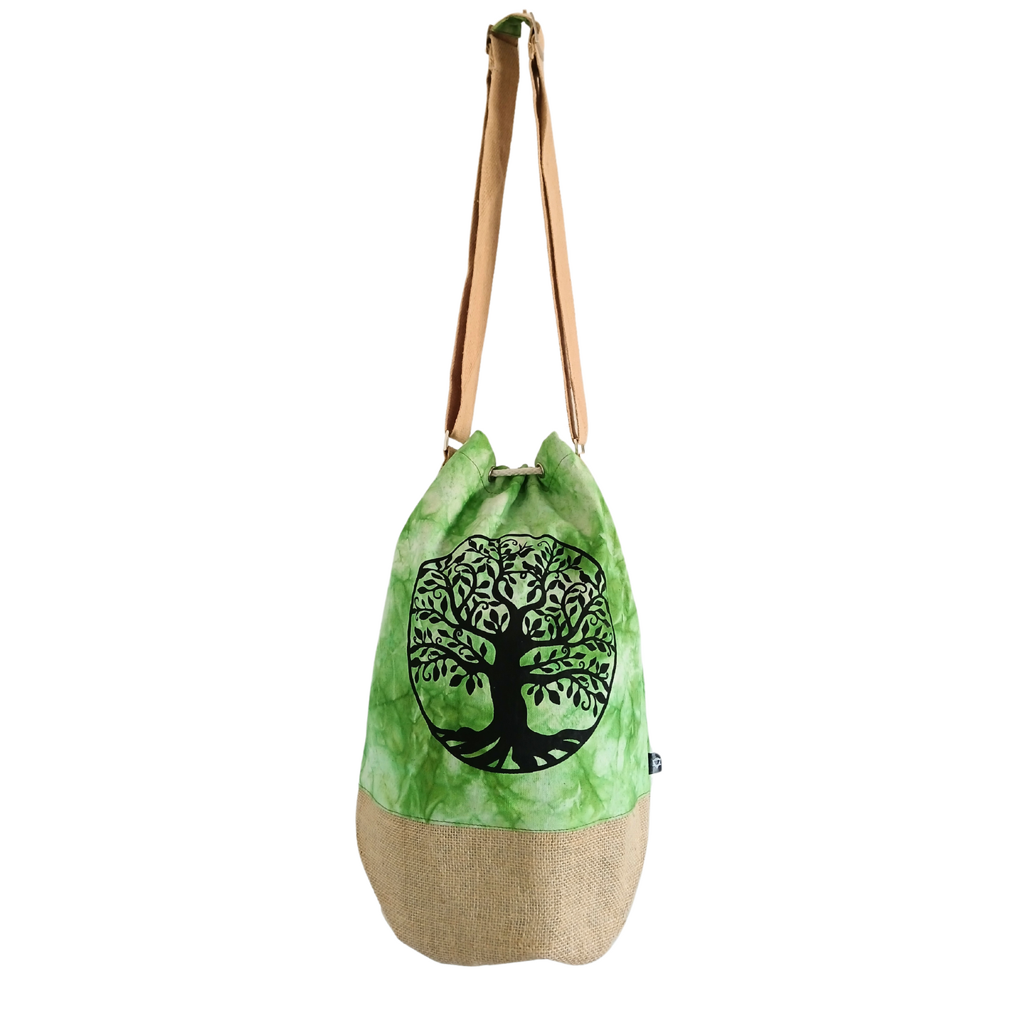 A green drawstring bag features a black tree silhouette design, with a tan base and a single brown shoulder strap, against a plain white background.