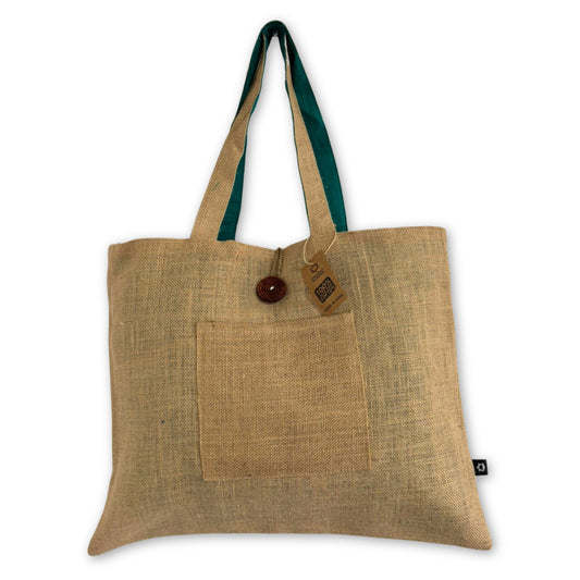 The burlap tote bag features dual handles, a front pocket, a button closure, and a tag with "Food Loop" text, set against a plain background.