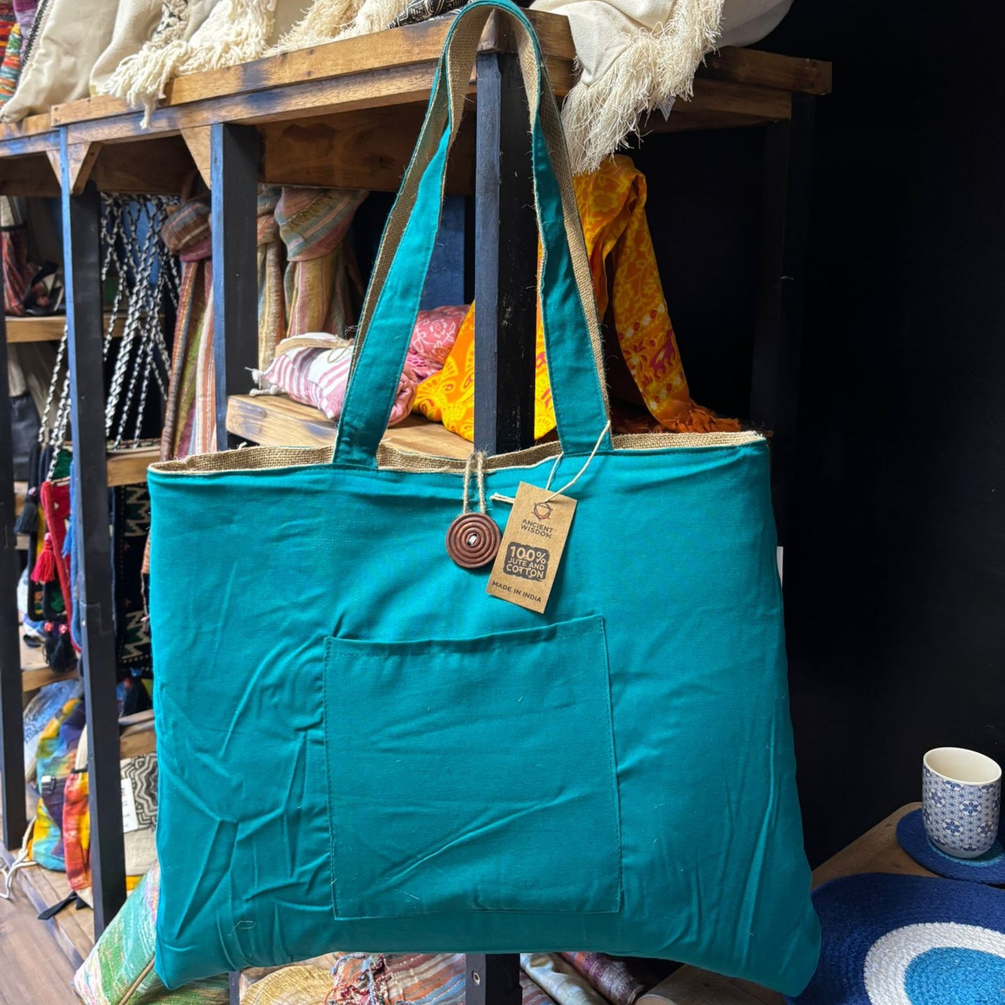 Jute and Cotton Reversible Big Bag - Teal