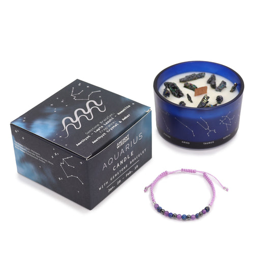 A blue candle with embedded crystals sits beside a box labeled "Aquarius Candle" featuring zodiac illustrations. A purple gemstone bracelet is placed nearby. Text: "Jan 20 - Feb 18," "Amethyst," "Ancient Wisdom."
