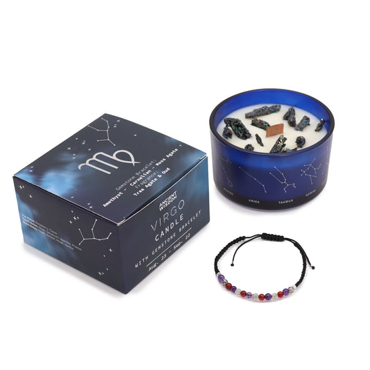 Candle in a blue jar with stones, surrounded by zodiac signs; next to it, a box labeled "Ancient Wisdom Virgo Candle with Gemstone Bracelet Aug 23 - Sep 22"; a beaded bracelet is nearby.