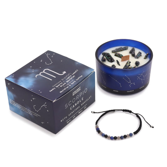 A blue candle with gemstones and constellations is next to a matching bracelet and a box labeled "Scorpio Candle." Text includes: "Soy Wax," "Scented Candle," "Gemstone Bracelet," "Oct 23 - Nov 21."