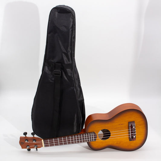 A wooden ukulele rests on the floor beside an upright, black fabric carrying case in a brightly lit, plain white room.