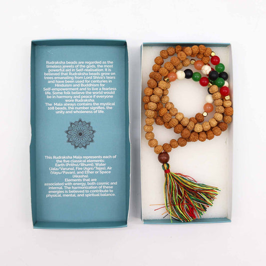 A Rudraksha mala with multi-colored beads and a tassel rests in an open box; surrounding text describes its spiritual significance, connection to elements, and its role in self-realization.