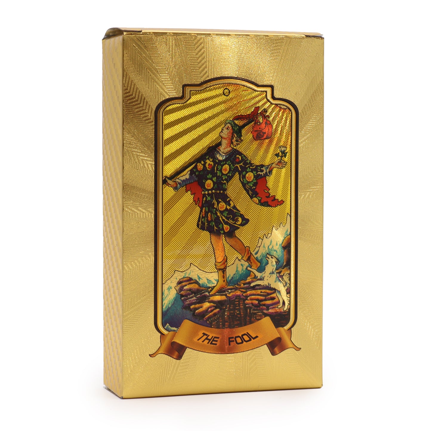 A golden box features an illustration of "The Fool" from tarot, depicting a carefree traveler holding a sack and flower, standing at a cliff's edge with a dog.