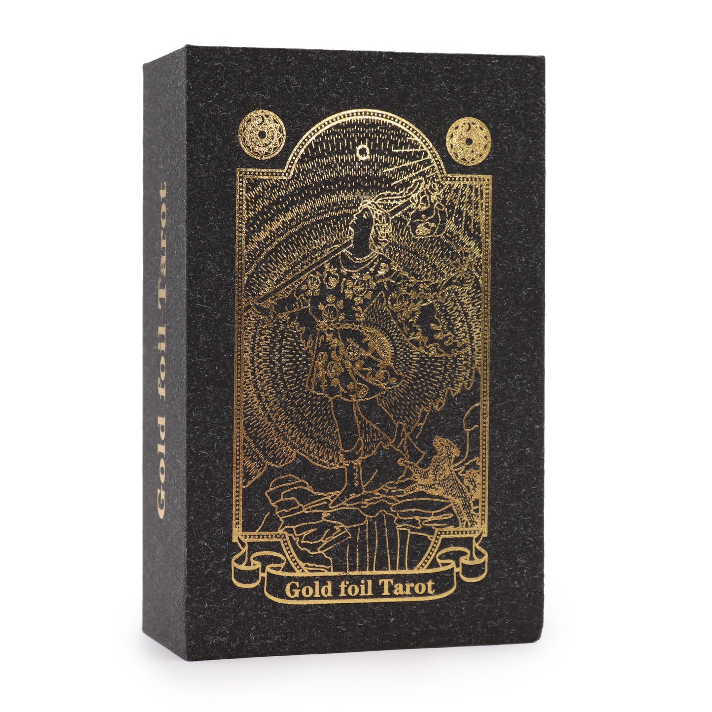 A black box features intricate gold foil designs of a figure carrying a stick, alongside the text "Gold foil Tarot" on both the front and the side.