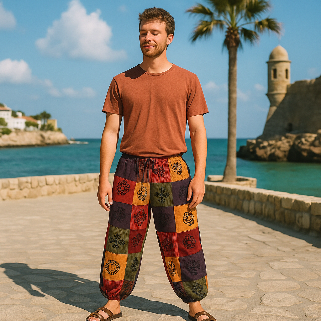 Nomad Sari - Mushroom Pants - Block Print Designs - Orange Tones L/XL