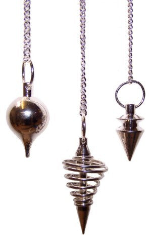 Three shiny pendulums hang by chains. They have different shaped weights: a bulb with a tip, a spiral cage, and a cone. They are against a plain white background.