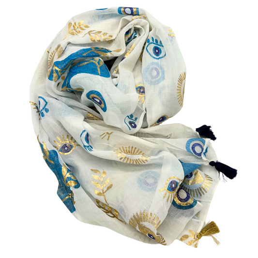 Nomad Sari On the Med Collection - Pario - White , Blue & Gold Evil Eye Design