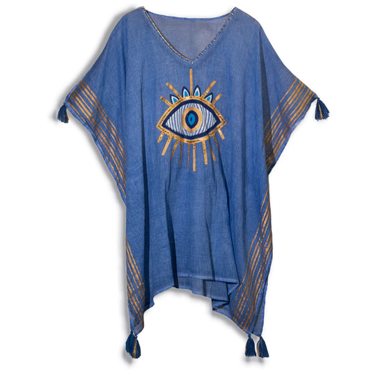 Nomad Sari On the Med Collection - Kaftan - Rich Blue & Gold Hand Painted Evil Eye Design - Handpainted