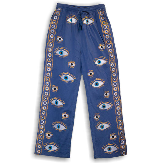 (ML) Nomad Sari On the Med Collection - Boho Lounge Pants - Rich Blue & Gold Hand Painted Evil Eye Design