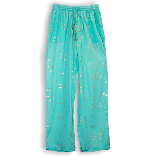 (ML) Nomad Sari On the Med Collection - Boho Lounge Pants - Turquoise & Gold Fish Design