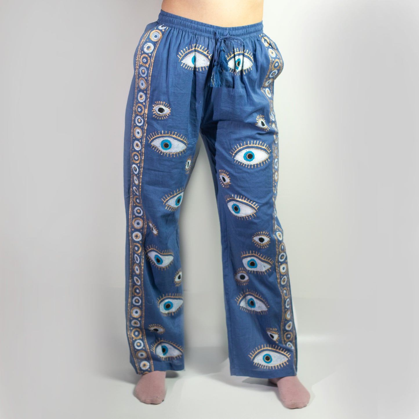 (ML) Nomad Sari On the Med Collection - Boho Lounge Pants - Rich Blue & Gold Hand Painted Evil Eye Design
