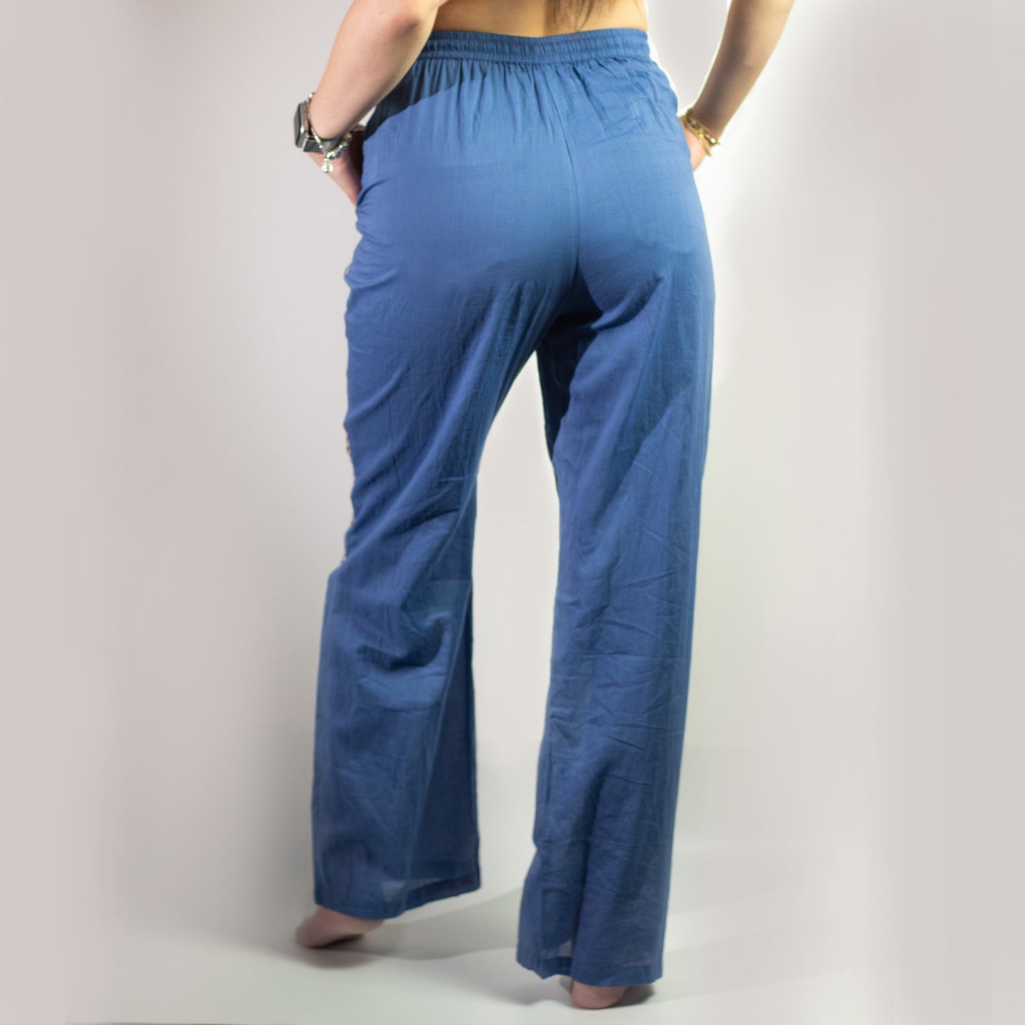 (ML) Nomad Sari On the Med Collection - Boho Lounge Pants - Rich Blue & Gold Hand Painted Evil Eye Design