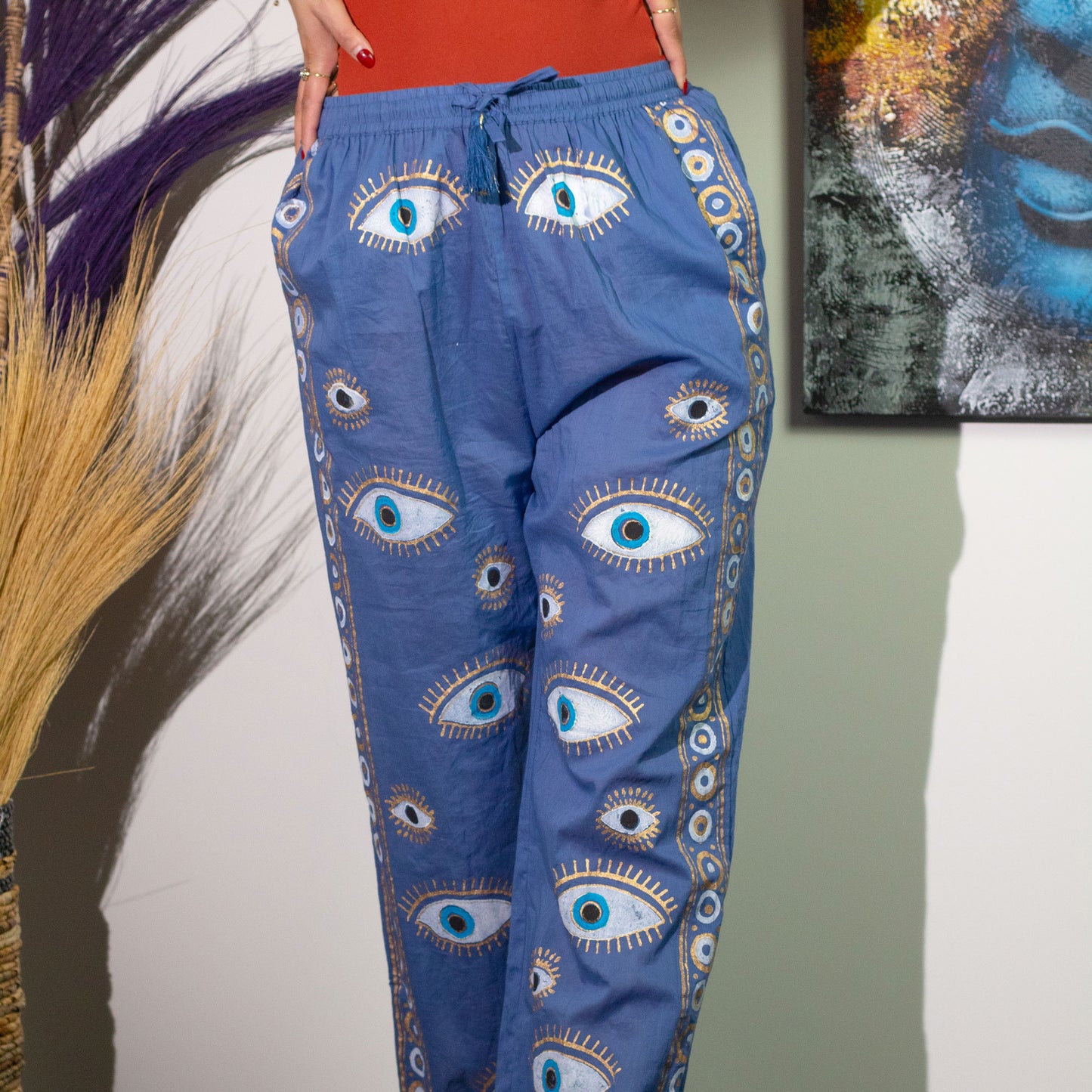 (ML) Nomad Sari On the Med Collection - Boho Lounge Pants - Rich Blue & Gold Hand Painted Evil Eye Design