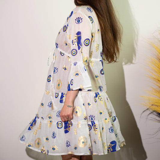 (LXL) Nomad Sari On the Med Collection - Dress -  White , Blue & Gold Evil Eye Design