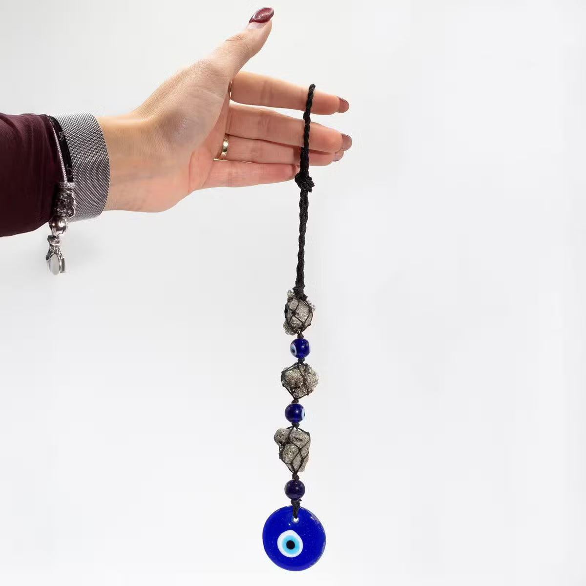 Hanging Stone Pendant - Pyrite Stones & Beads- Evil Eye