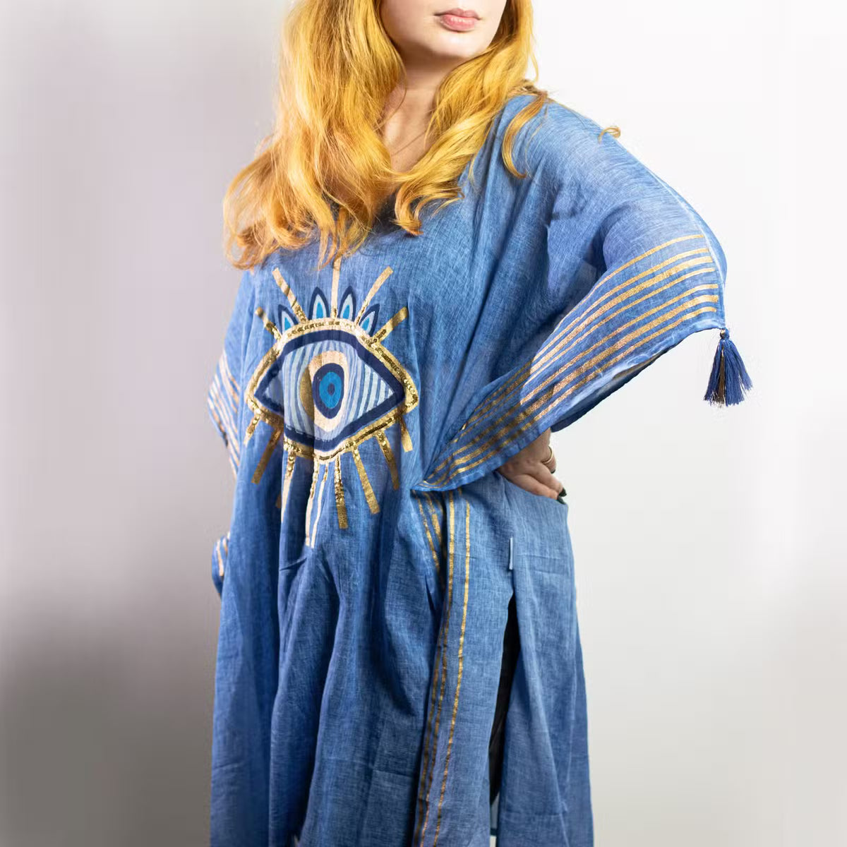 Nomad Sari On the Med Collection - Kaftan - Rich Blue & Gold Hand Painted Evil Eye Design - Handpainted