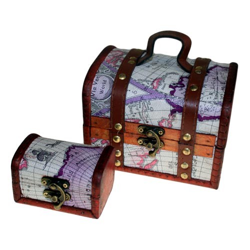 Two decorative chests with a vintage world map design. The larger chest features a handle and latch, while the smaller one mirrors the style. Both have brown leather accents and brass studs.
