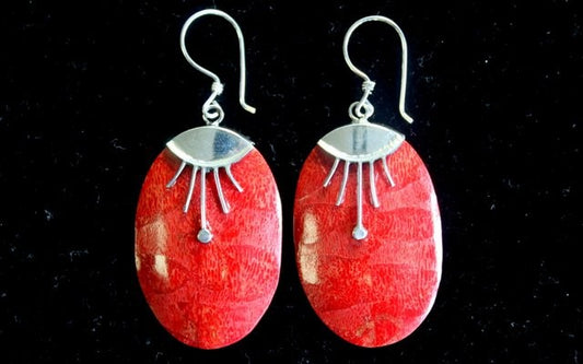 Two coral-colored, silver-mounted earrings hang against a black background. They each feature an oval-shaped stone, horizontally banded with darker striations.