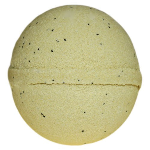 A beige, spherical bath bomb is shown with small black specks scattered across its surface, set against a plain white background.
