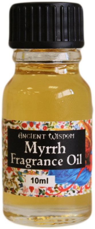 A small, clear glass bottle contains amber-colored Myrrh Fragrance Oil. A black cap tops the bottle, which sits against a white background. The label reads "Ancient Wisdom Myrrh Fragrance Oil 10ml".