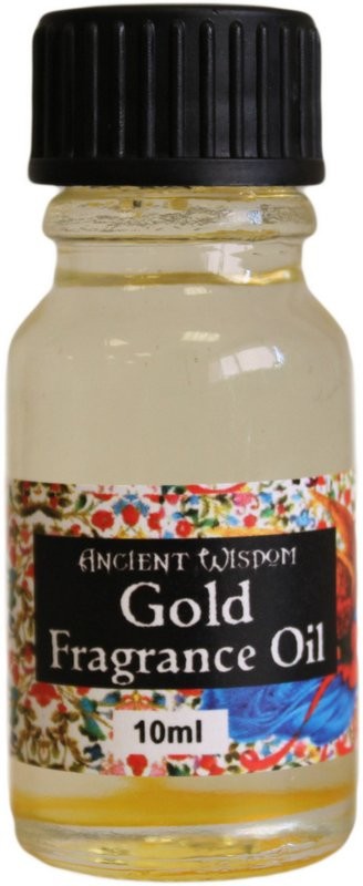 A small glass bottle contains gold-colored fragrance oil. The label reads: "Ancient Wisdom Gold Fragrance Oil 10ml".
