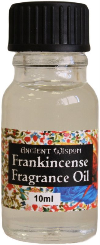 A small, clear glass bottle contains frankincense fragrance oil. A black cap tops the bottle, which sits against a colorful label that reads: ANCIENT WISDOM Frankincense Fragrance Oil 10ml.